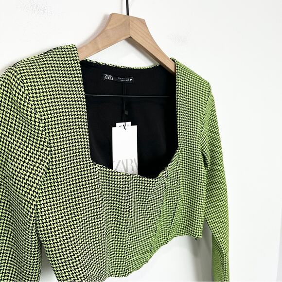 Zara Houndstooth Neon Green Corset Bustier Crop Top Size small - Picture 5 of 12
